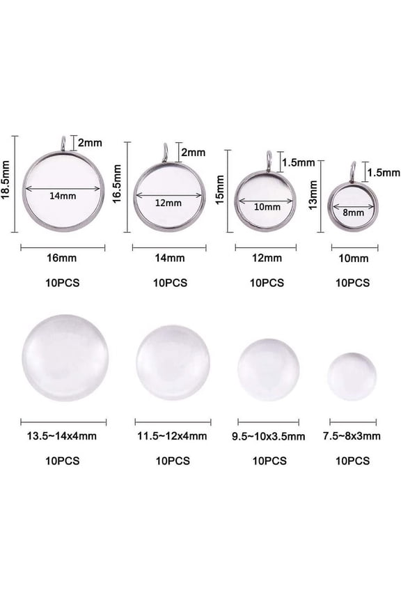 40 Sets Cabochon Ear Studs Setting Stainless Steel Stud Earring (Tray 8 10 12 14mm) with Transparent Glass Cabochons Stud Earring Sets with Loop for DIY Earrings Making