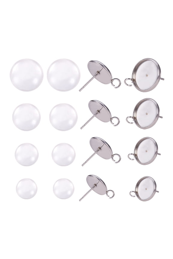 40 Sets Cabochon Ear Studs Setting Stainless Steel Stud Earring (Tray 8 10 12 14mm) with Transparent Glass Cabochons Stud Earring Sets with Loop
