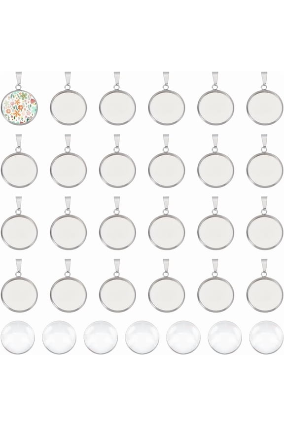 40 Sets DIY Blank Dome 304 Stainless Steel Pendant Making Kits Flat Round Bezel Tray Charms with Glass Cabochons Blank Bezel Pendant Tray 16mm