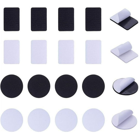 40 Sets Hook and Loop Tape Strips with Adhesive Flat Round & Rectangle Double-Side Mounting Interlocking Tape for Car Indoor Outdoor (White & Black) 1bag