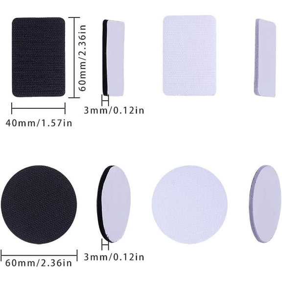 40 Sets Hook and Loop Tape Strips with Adhesive Flat Round & Rectangle Double-Side Mounting Interlocking Tape (White & Black)