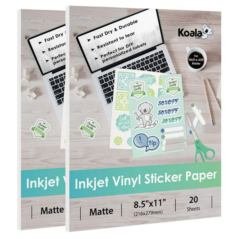 Premium Printable Vinyl Sticker Paper for Inkjet Printer and Laser - 20 White Matte Sticker Paper Waterproof - Durability Adhesive Paper 8.5 x 11