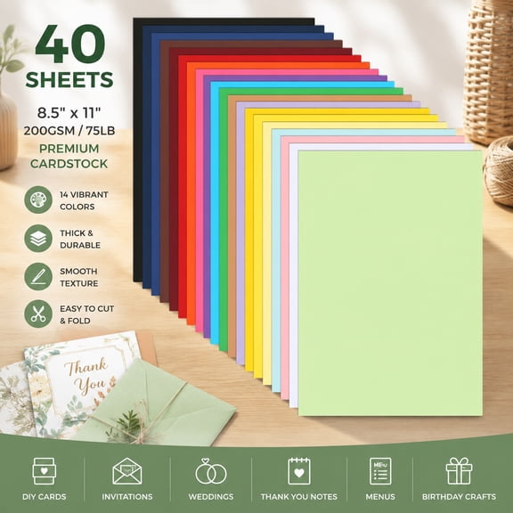 40 Sheets Colored Cardstock 8.5 x 11 Craft Paper 20 Assorted Colors 75lb Thick Construction Paper for DIY Cards Invitations Scrapbooking Projects