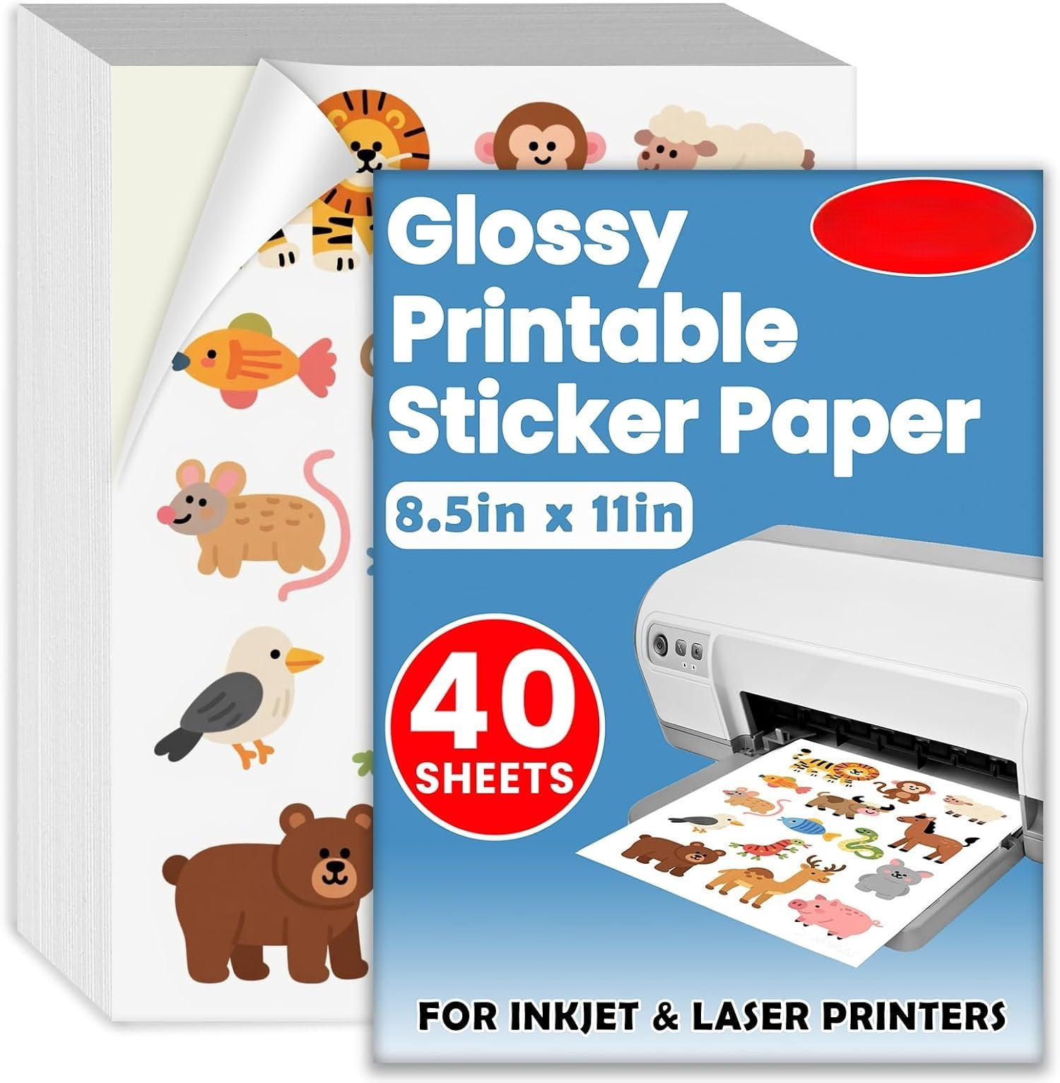Primtable Sticker 40 Sheets Glossy Sticker Paper, 8.5in x 11in Printable Sticker Paper ...