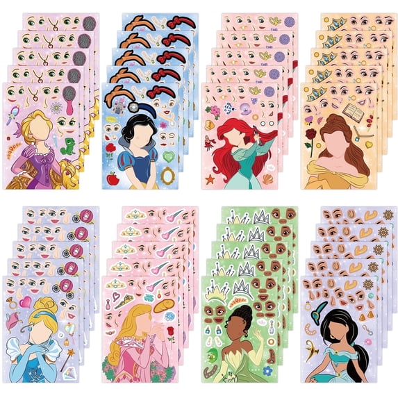 40 Sheets Make Your Own Princess Face Stickers, Princess Theme DIY Face Stickers Goodie Bag Stuffers Party Favors for Kids Fans Birthday Party Supplies