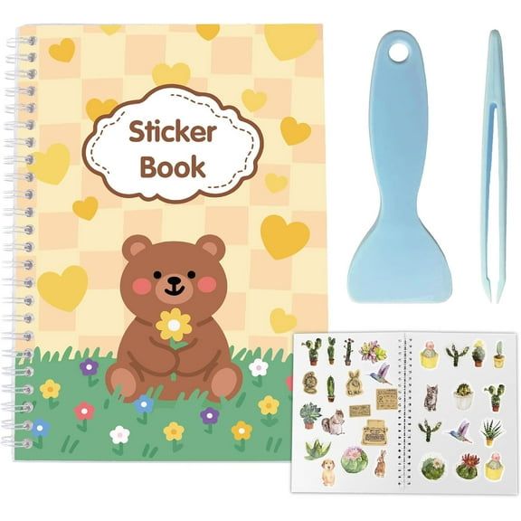 40 Sheets Reusable Sticker Storage Book Album A5 Size Blank Sticker Album Holder Organizer with Scraper Tweezer Bear Cover Waterproof Release Paper