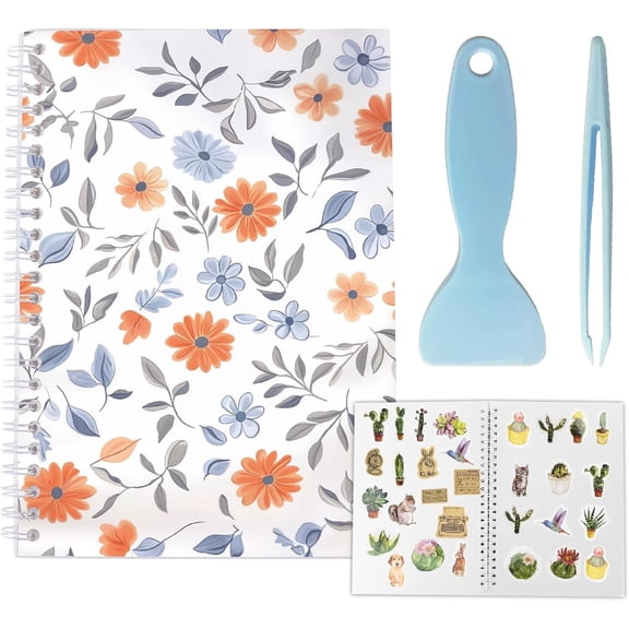 40 Sheets Sticker Book Album Sticker Collecting Organizer A5 Release Paper Reusable Waterproof Flower Floral Blank Collection Storage Holder with Scraper and Tweezer DIY