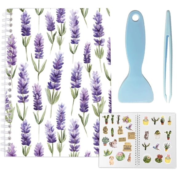 40 Sheets Sticker Collecting Book Reusable Sticker Organizer A5 Release Paper Waterproof Purple Flower Floral Blank Storage Holder Album with Scraper and Tweezer for Storaging Labels Keeper Colorful