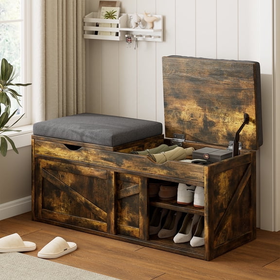 40" Shoe Storage Bench,2-Tier Shoe Bench with Padded Seat Cushion and Lift Top Storage,Adjustable Shelf,Shoe Organizer for Entryway,Hallway,Living Room,Vintage Brown