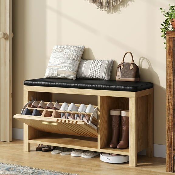 40" Shoe Storage Bench with Flip Drawers & Padded Seat Cushion, Open Compartments & Slatted Doors, Entryway Bench with Shoe Storage for Entryway, Hallway, Living Room, Bedroom, Natural