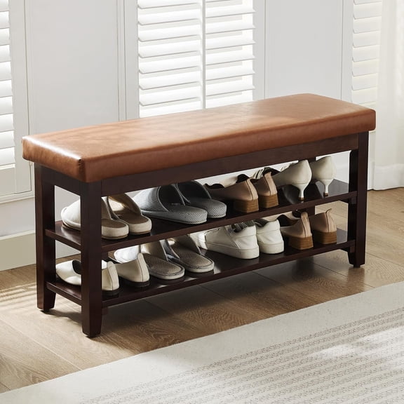 40" Shoe Storage Bench with Leather Cushion, 2-Tier Wooden Shoe Rack Organizer for Entryway, Mudroom, or Hallway, Light Brown
