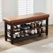 40 Shoe Storage Bench with Leather Cushion, 2-Tier Wooden Shoe Rack Organizer for Entryway, Mudroom, or Hallway, Light Brown
