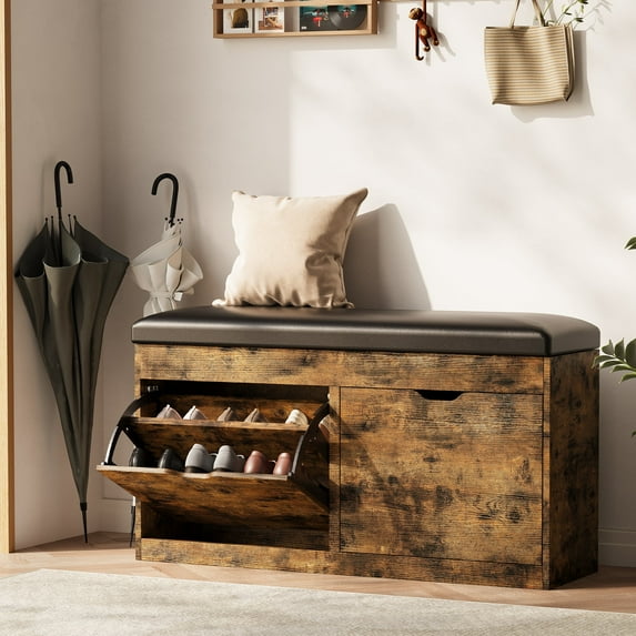 40" Shoe Storage Bench with Lift Top, 2 Flip Drawers & Padded Seat Cushion, Entryway, Hallway, Living Room Shoe Organizer Cabinet Vintage Brown