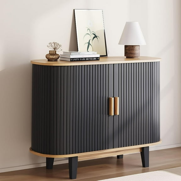 40" Sideboard Buffet Cabinet with Storage, 40'' Fluted Sideboard Buffer Cabinet Sliding Door, Bar Cabinet Console Table, Tambour Bar Console Table for Living Dining Room Kitchen Hallway Entryway
