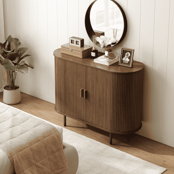 40" Sideboard Buffet Cabinet with Storage, Storage Cabinet with Sliding Door & Adjustable Shelf, Walnut