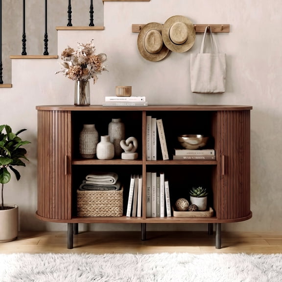 ROGALIS 40" Buffet Sideboard Cabinet with Storage, Modern Fluted Cabinet with Sliding Doors & Adjustable Shelf, Coffee Bar Accent Cabinet for Kitchen, Dining Room, Entryway, Walnut