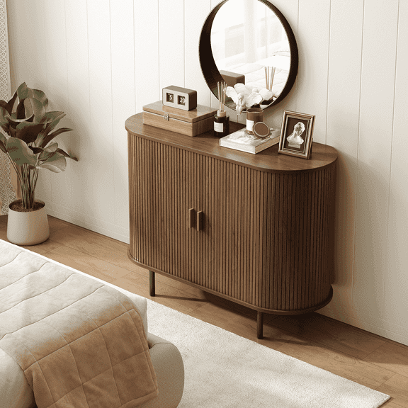 ROGALIS 40" Sideboard Buffet Cabinet with Storage, Storage Cabinet with Sliding Door & Adjustable Shelf, Walnut