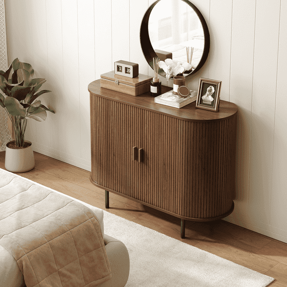 40" Sideboard Buffet Cabinet with Storage, Storage Cabinet with Sliding Door & Adjustable Shelf, Walnut