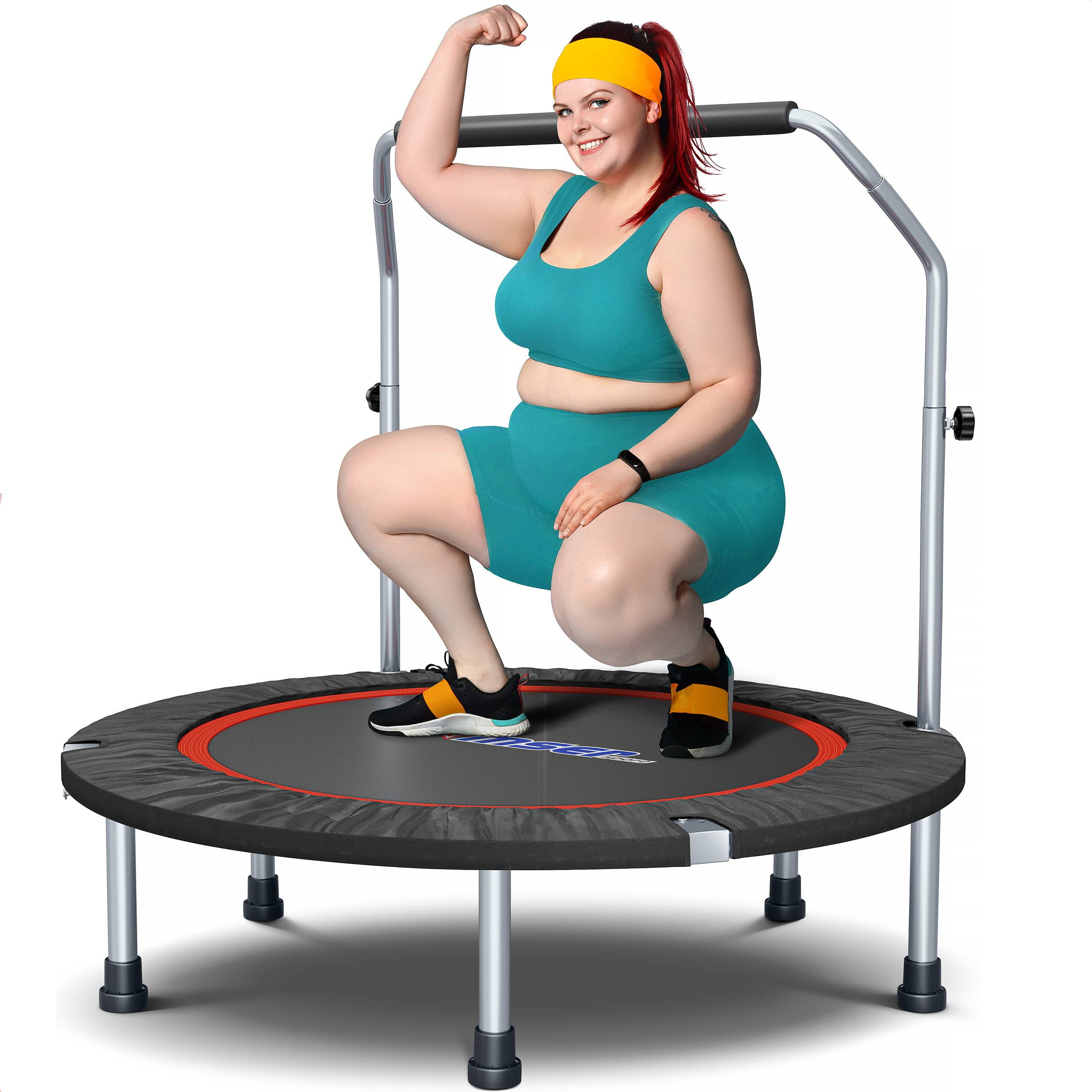 40'' Silent Foldable Trampoline, Exercise Fitness Trampoline with Higher 50" Adjustable Handrail Fitness Rebounder with Carry Bag Mini Trampoline for Kids Adults Indoor/Garden Workout Max Load 400lbs