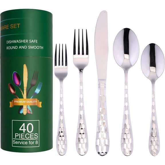 40- Silverware Set for 8, Durable 18/10 Stainless Steel Flatware Set, Kitchen Eating Tableware Cutlery Utensil Set for , Include Fork Spoon Set, Dishwasher Safe ()