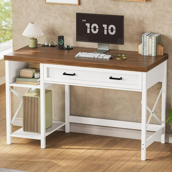 40" Small Computer Desk, Farmhouse Desk with Drawer & Storage Shelves, Home Office Desk, Study Table for Small Space, Vanity Desk with Power Outlet, Writing Desk for Bedroom, Living Room, White