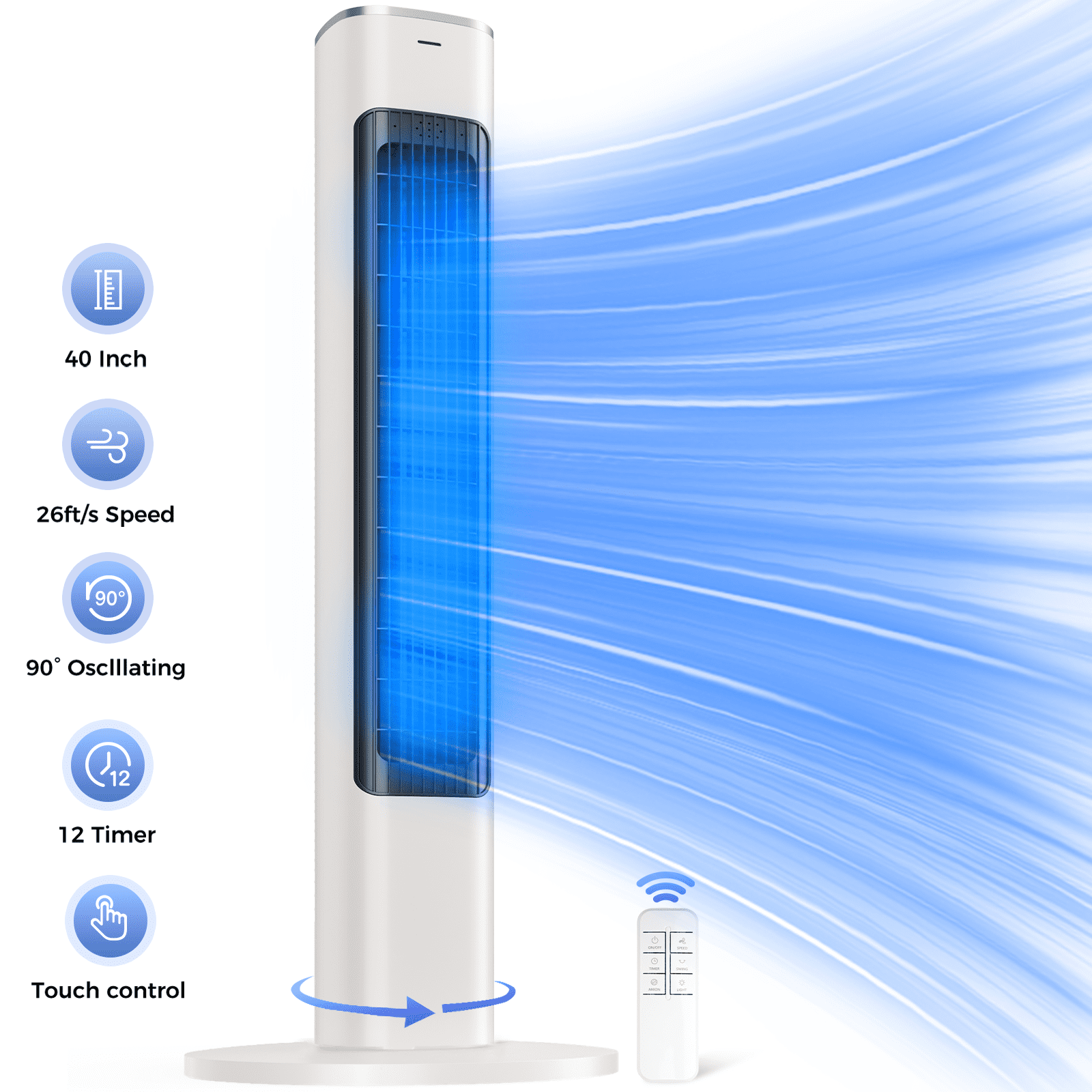 Tower Fan, 40" Electric Fan for Bedroom, 90° Oscillating Stand Fan with Remote, 4 Speeds, 26ft/s, 12H Timer, 28dB, Bladeless Cooling Fans for Home