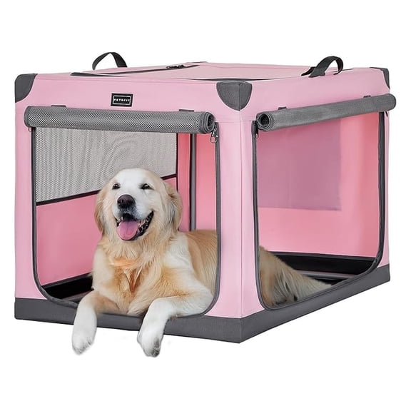 40" Soft Portable Dog Crate Patented Spiral Sturdy Frame, Collapsible Travel Kennel for Large Dogs, 3 Mesh Door, Lockable Zippers, Indoor & Car Use Pink