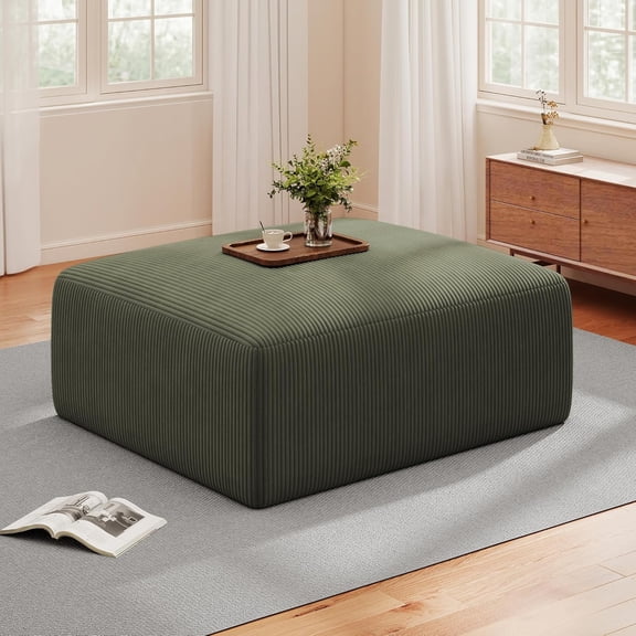 40" Square Stuffed Ottoman Pouf for Sofa Couch, Corduroy Poufs with Foam Chunk Filling, Furry & Fluffy Pouf Foot Stool Movable Ottoman. 40*40 Floor Poufs Foot Rest for Living Room, Green(1 Piece Set)