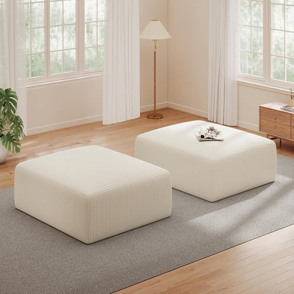 40" Square Stuffed Ottoman Pouf for Sofa Couch, Corduroy Poufs with Foam Chunk Filling, Furry & Fluffy Pouf Footstool Movable Ottoman. 40*31 Floor Poufs Foot Rest for Living Room, Beige(2 Piece Set)