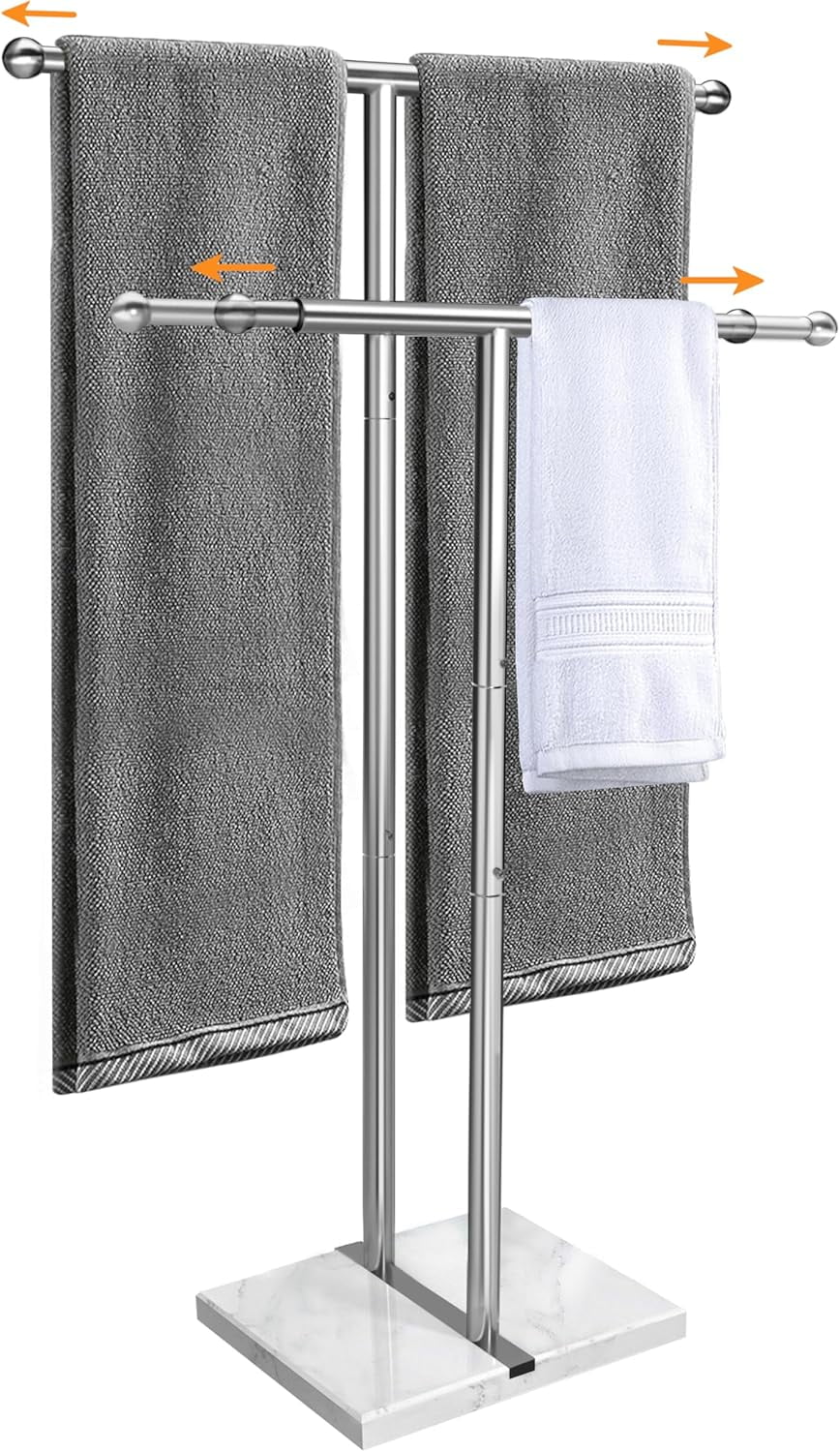 40" Standing Towel Rack with Weighted Marble Base, Width Adjustable & Taller Bathroom Towel Rack ...