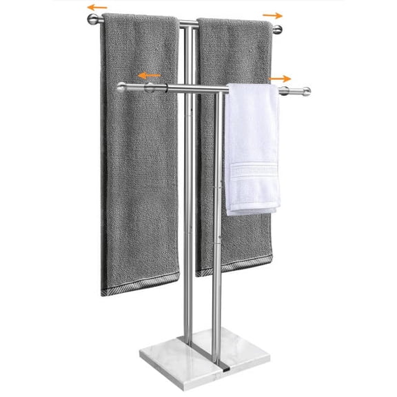 40" Standing Towel Rack with Weighted Marble Base, Width Adjustable & Taller Bathroom Towel Rack Stand, 2-Tier Towel Racks for Bathroom, Multiple Spaces Stainless Steel Brushed Finish