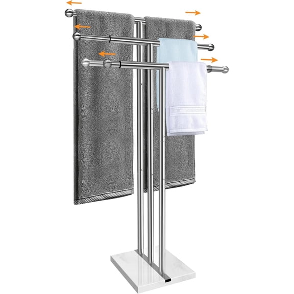 40" Standing Towel Rack with Weighted Marble Base, Width Adjustable & Taller Bathroom Towel Rack Stand, 3-Tier Towel Racks for Bathroom, Multiple Spaces Stainless Steel Brushed Finish