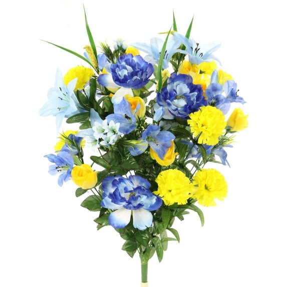 40 Stems Artificial Full Blooming Lily, Rose Bud, Carnation and Mum with Greenery Mixed Flower Bush, Blue/Yellow