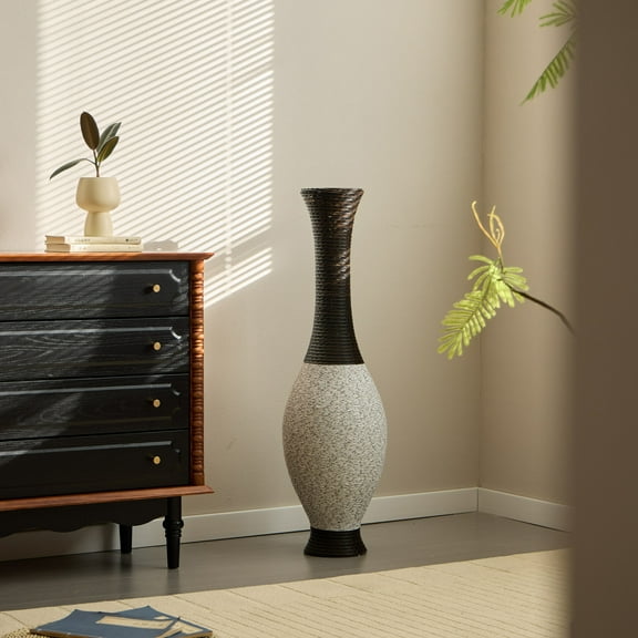 40" Tall Floor Vase, Two-tone Hand Woven Rattan Finish, Large Flower Decorative Vase