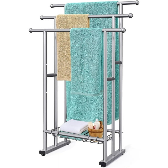 "Freestanding 40"" Tall Silver 3 Tier Towel Rack with Storage Basket