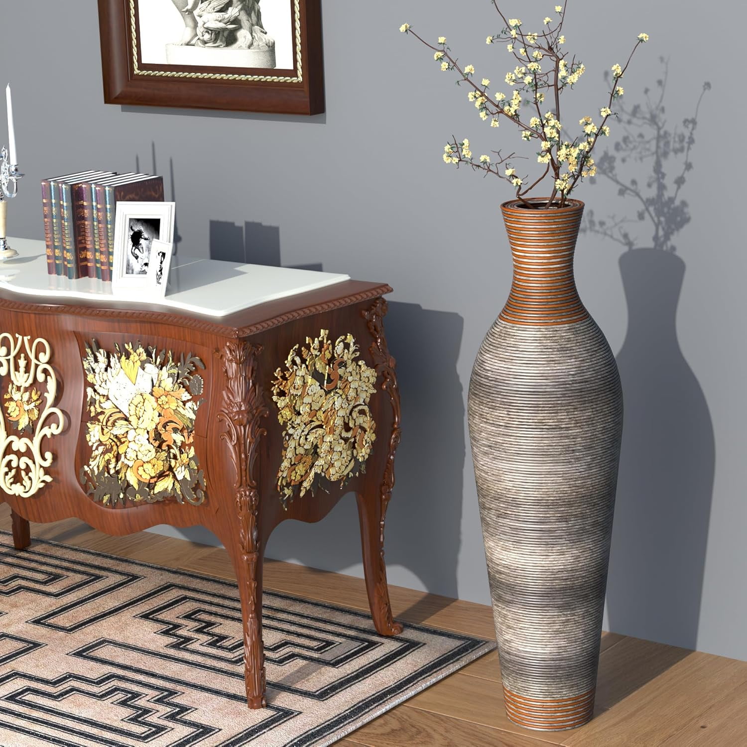 19 Inch Tall Gold Ceramic Floor Vase - Extra Large Decorative Vase For Living Room, Office Decor (BU48)
