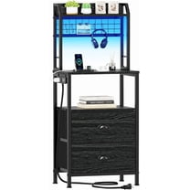 40'' Tall Nightstand with Charging Station, Bedside Table with LED Lights, End Table with 2 Drawers and Storage Shelves, Night Stand with Pegboard for Bedroom, Black Oak