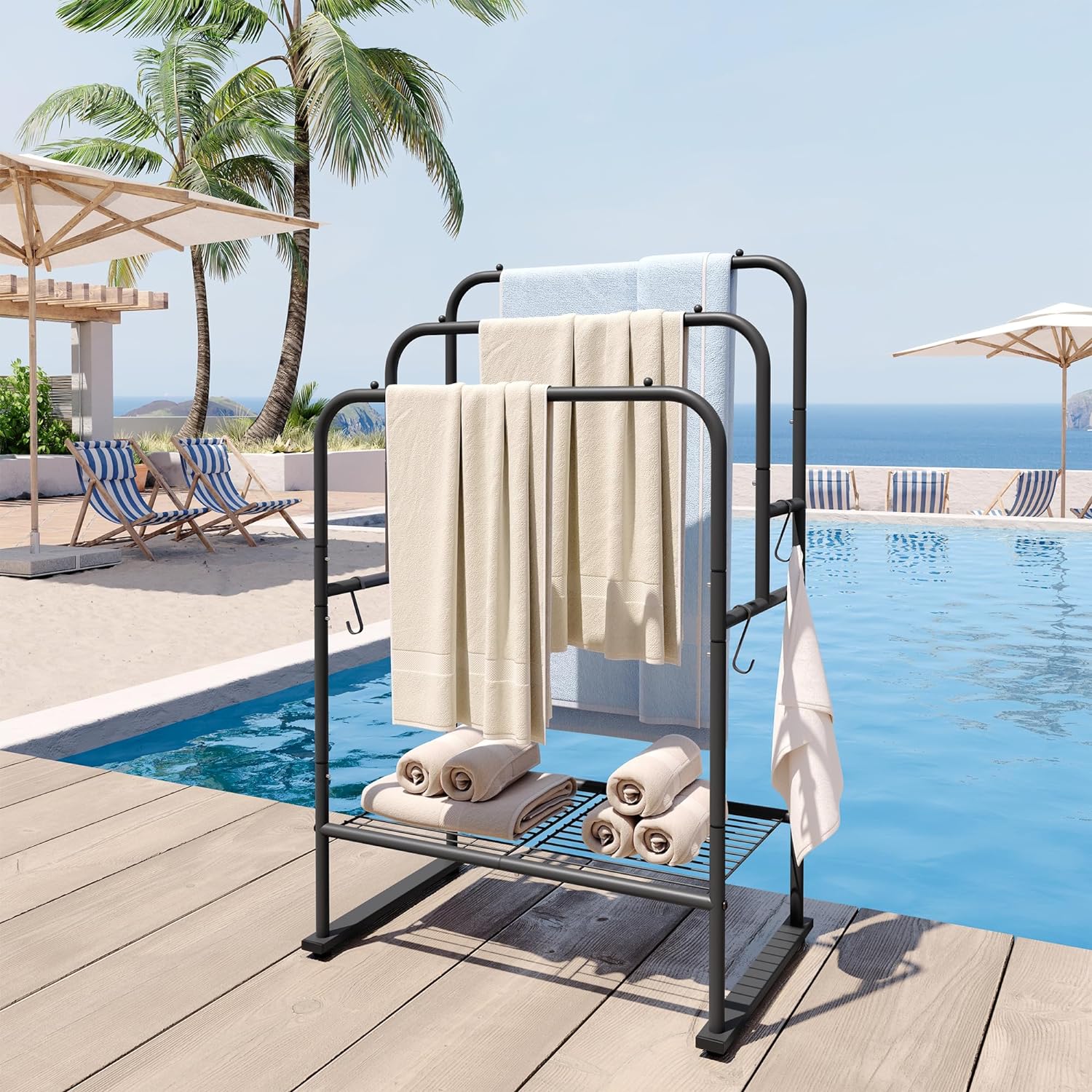 40 Tall Standing Towel Racks 3 Tier Towel Drying Rack Outdoor Pool Towel Stand Blanket Holder With Shelf 4 Removable Hooks Metal Freestanding Towel Racks For Bathroom Matte Black Walmart