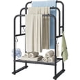 thumbnail image 1 of 40'' Tall Standing Towel Racks, 3 Tier Towel Drying Rack Outdoor, Pool Towel Stand Blanket Holder with Shelf & 4 Removable Hooks, Metal Freestanding Towel Racks for Bathroom, Matte Black, 1 of 17