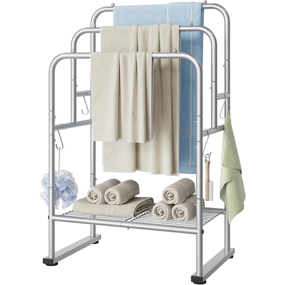 40'' Tall Standing Towel Racks, 3 Tier Towel Drying Rack Outdoor, Pool Towel Stand Blanket Holder with Shelf & 4 Removable Hooks, Metal Freestanding Towel Racks for Bathroom, Smooth Silver