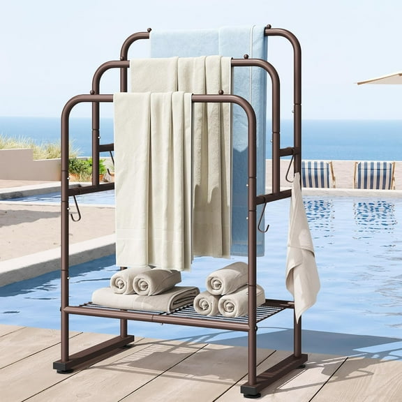 40'' Tall Standing Towel Racks, 3 Tier Towel Drying Rack Outdoor, Pool Towel Stand Blanket Holder with Shelf & 4 Removable Hooks, Metal Freestanding Towel Racks for Bathroom, Bronze