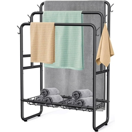 40" Tall Standing Towel Racks, 3 Tier Towel Stand Blanket Rack with 2 Removable Storage Baskets & 6 Hooks, Indoor Outdoor Freestanding Towel Racks for Bathroom Bedroom Organizer