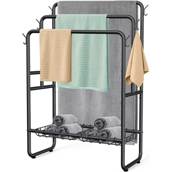 40" Tall Standing Towel Racks, 3 Tier Towel Stand Blanket Rack with 2 Removable Storage Baskets & 6 Hooks, Indoor Outdoor Freestanding Towel Racks for Bathroom Bedroom Organizer