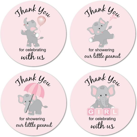 40 Thank You for Showering Our Little Peanut Stickers, 2 Inch Big Round Glossy Labels, Pink Elephant Theme for Girl Baby Shower, Great for Party Favors, Tags, Games and Supplies