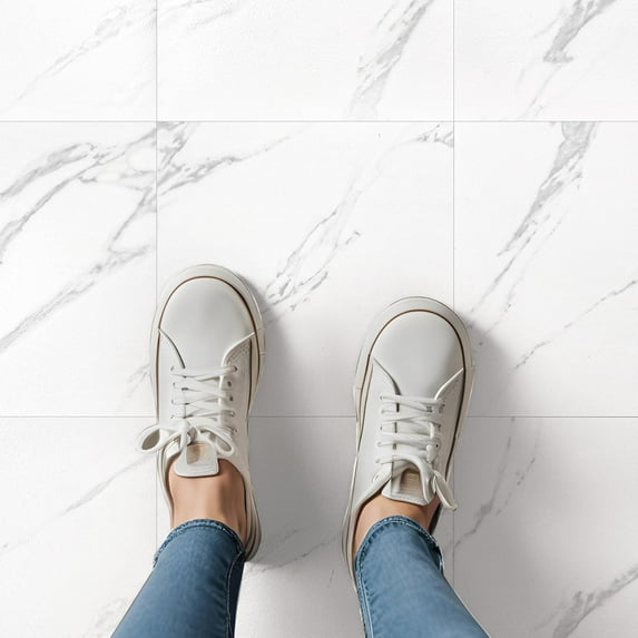 40 Tiles White Marble Peel and Stick Vinyl Floor Tiles, 12"x12" Self-Adhesive DIY Flooring for Kitchen, Dining Room, Bedroom & Bathroom