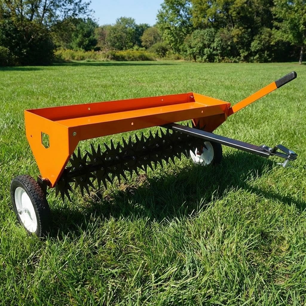 40" Tow-Behind Lawn Aerator, Heavy-Duty Core Aeration Tool with Universal Hitch & Transport Wheels, Adjustable Handle for Tractor, Garden Farm Lawn Care