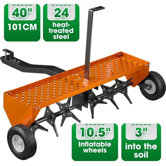 40" Tow Behind Lawn Plug Aerator with Universal Hich, Green Painted Galvanized Steel with Tray and Inflatable Wheels, Pull Behind Aerator for Garden, Farm and Lawn