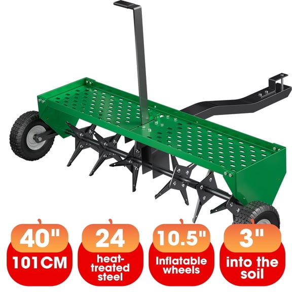 40" Tow Behind Lawn Plug Aerator with Universal Hich, Green Painted Galvanized Steel with Tray and Inflatable Wheels, Pull Behind Aerator for Garden, Farm and Lawn