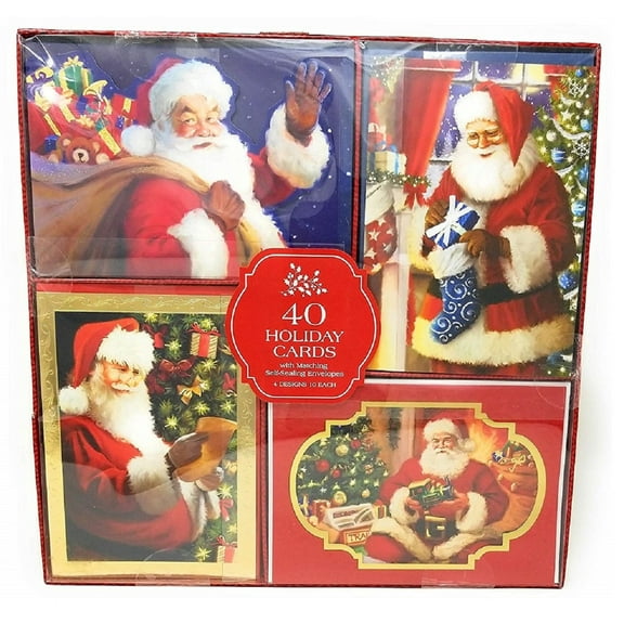 40 Traditional Festive Holiday Cards with Matching Self-Sealing Envelopes - Santa