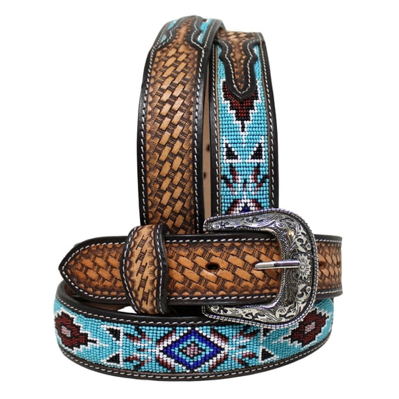 40 Unisex 1.5" Western Beaded Tooled Full-Grain Leather Belt 26RTW24